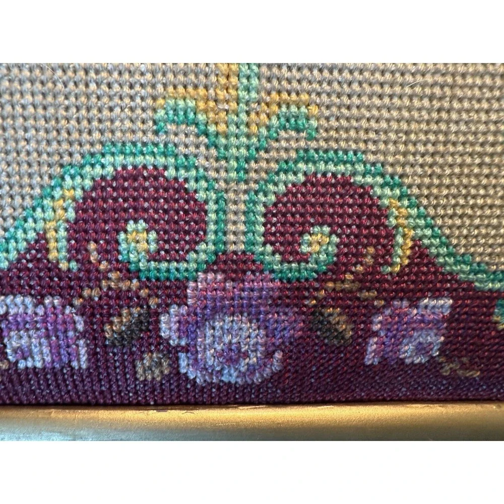 Vintage Floral Needlepoint Framed Picture Burgundy Pink‎ Yellow Green 19